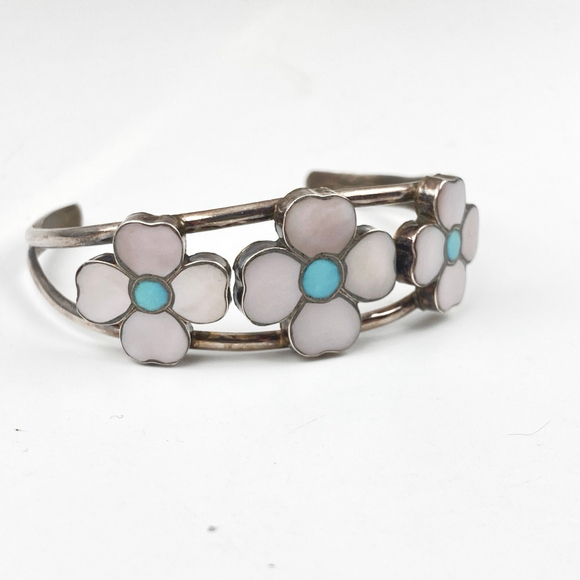 Old Pawn Zuni Flower Inlay Bracelet Turquoise Sterling Silver Cuff Native - Picture 2 of 5